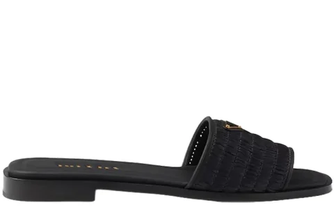 Prada Leather With Crochet Slippers Zwart Prada Leather With Crochet Slippers Zwart